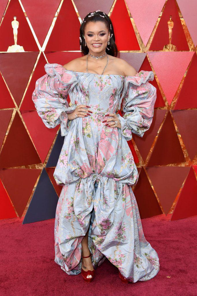 Andra Day in this god awful shabby chic gown.: 