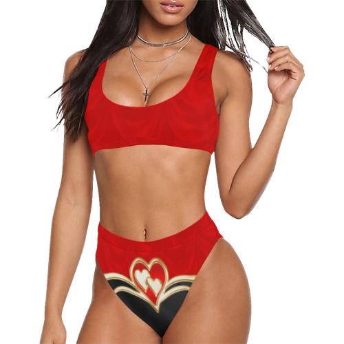Elegant Red Black Love Sport Top & High-Waisted Bikini Swimsuit (Model S07): swimwear,  bikini,  swimsuit,  Red Bikini  