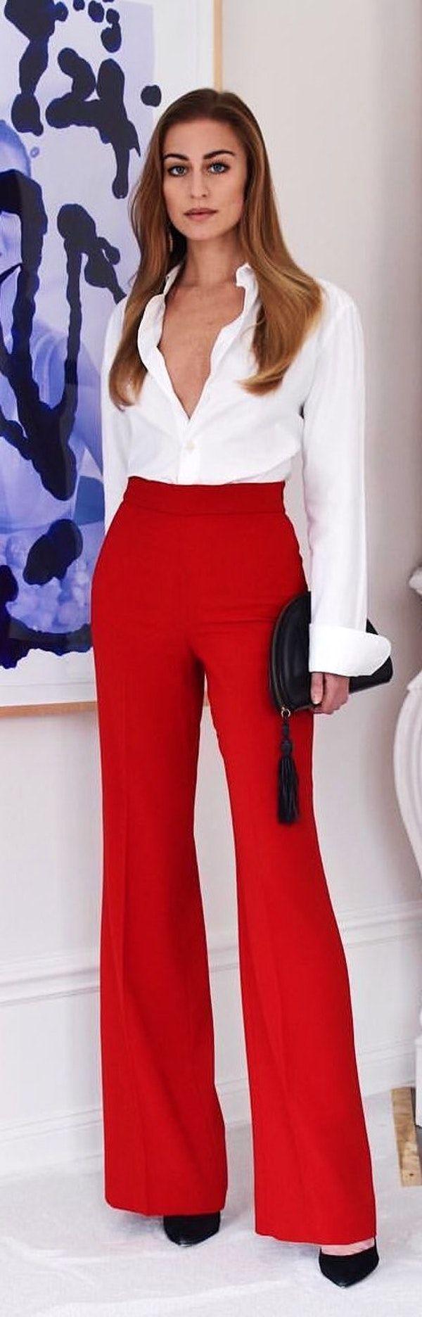 White Shirt In High Waist Red Pant Outfits For Women: shirts,  red trousers,  White Shirt  