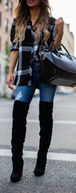 Brenda Flores In Black And White Plaid Shirt With Ripped Denim Paired With Black Boots: 