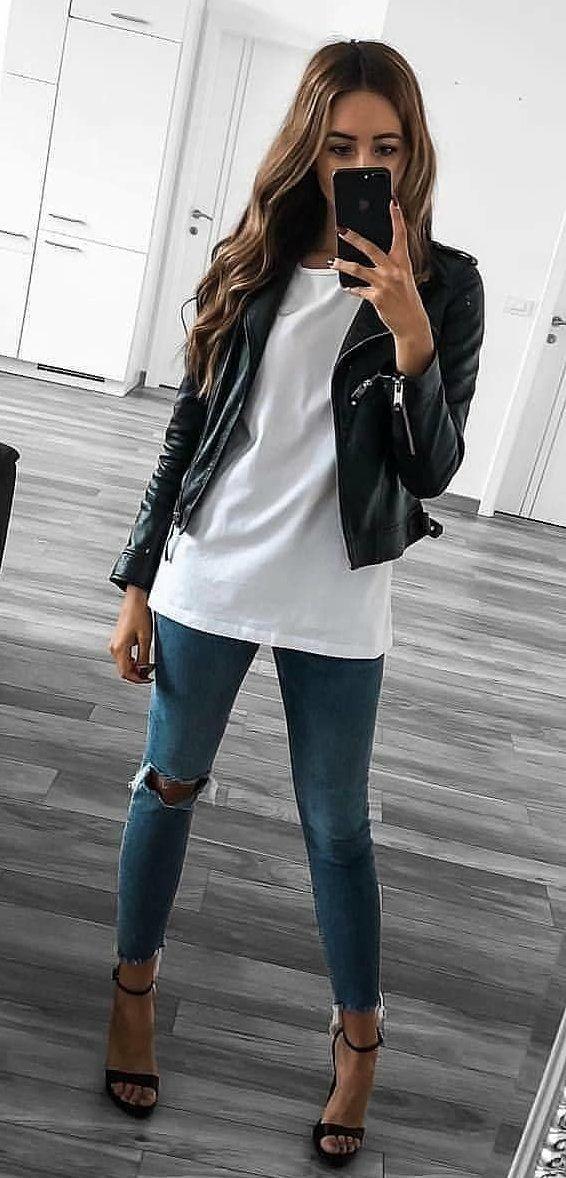Spring Outfit Casual wear, Informal wear: Casual Outfits,  Leather jacket,  instafashion  