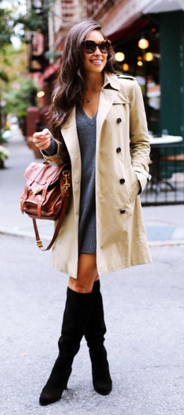 Knee High Boots. Casual outfits Trench coat, Trench Beige: Boot Outfits,  Trench coat,  Girls Work Outfit,  Brown Trench Coat,  Chap boot,  Wool Coat,  Duffel coat,  Burberry Trench,  Beige Suit,  High Boots,  Winter Coat  