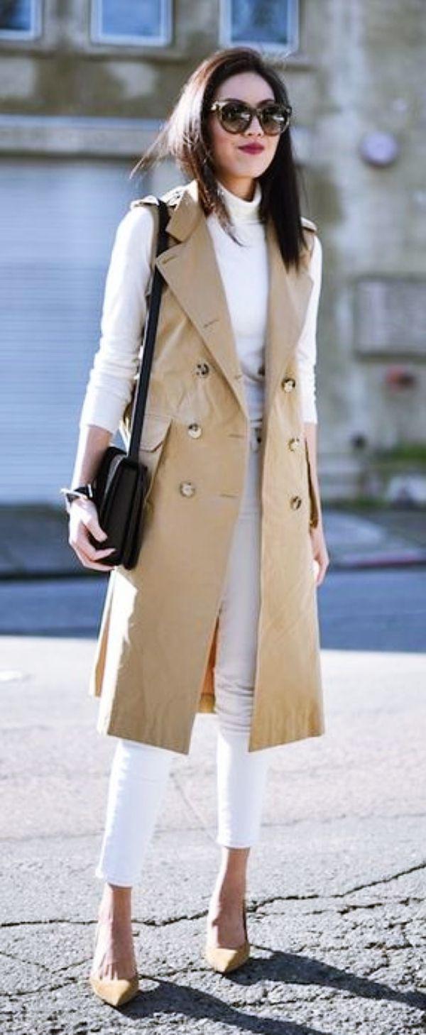 Sleeveless Coat Outfit. Casual outfits Trench coat, Sleeveless shirt: Girls Work Outfit,  Wool Coat,  Duffel coat,  Long Sleeve,  Burberry Trench  