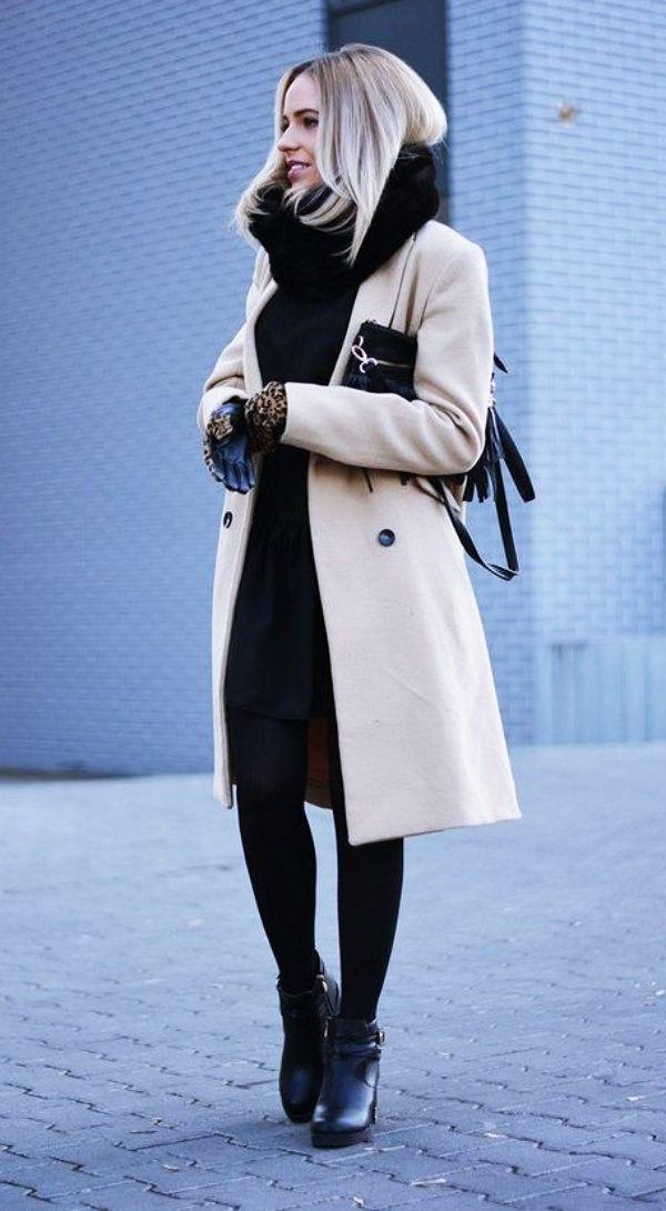 Little black dress. Casual outfits Polo coat, Winter clothing: Girls Work Outfit,  beige coat,  Wool Coat,  Duffel coat,  swing coat,  Winter Coat  