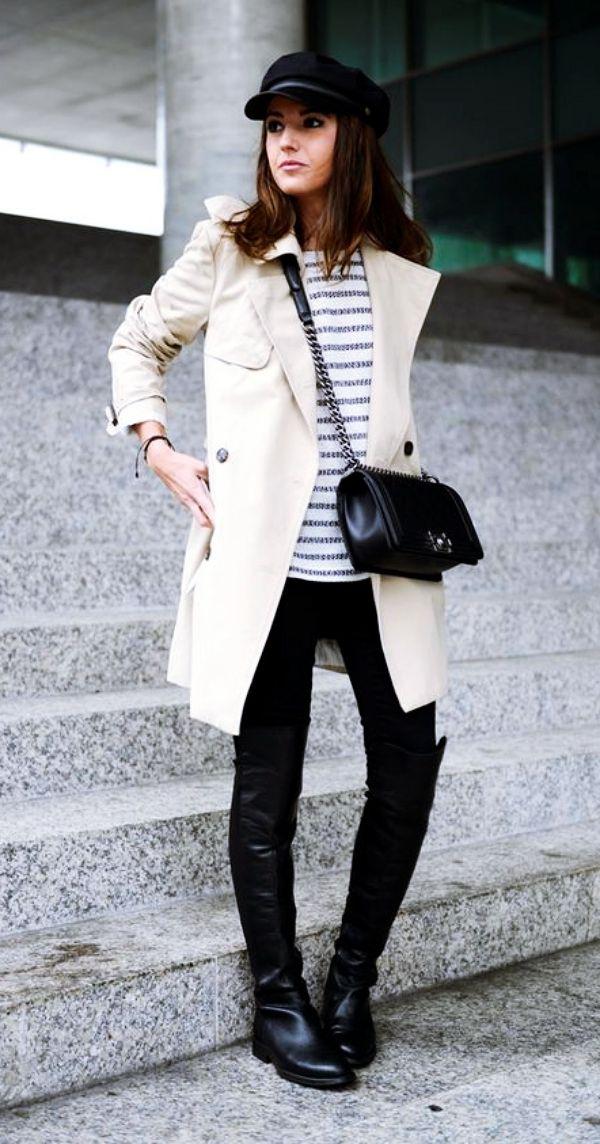 Baker Boy Hat. Casual outfits Trench coat, Thigh-high boots: Girls Work Outfit,  Chap boot,  Wool Coat,  Duffel coat,  High Boots  