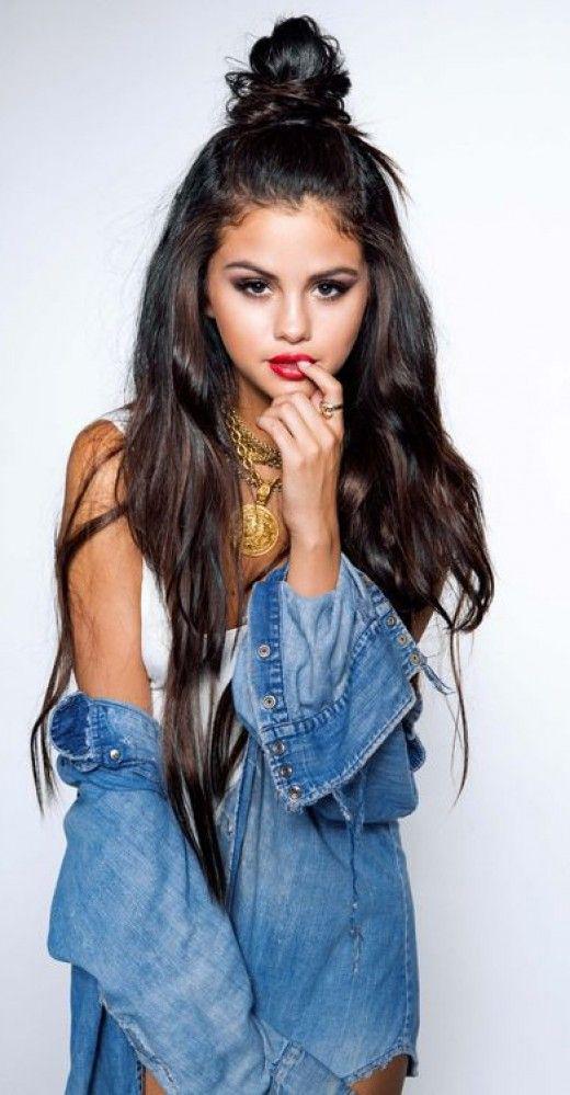 Bun hairstyle inspiration from Selena Gomez.: Selena Gomez,  Outfits With Bun Hairstyle  