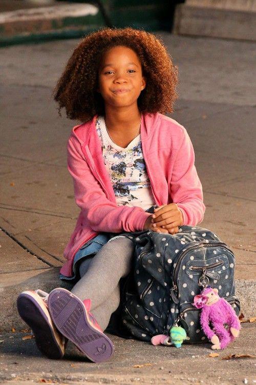 Adorable Black Girl with Curly Hair | Denim Skirt with Pink Sweater and White T-Shirt: 