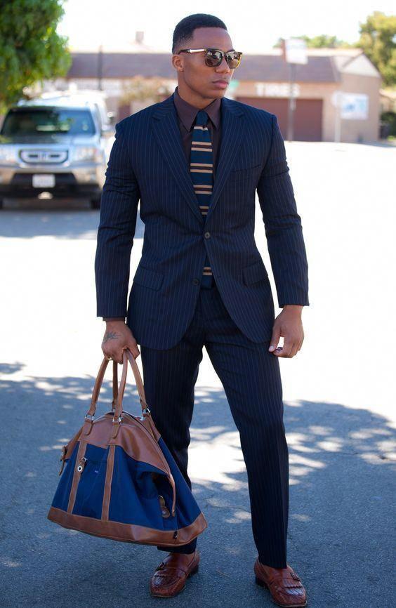 2017Latest Coat Pant Designs Navy Blue Stripes Men Suit Slim Fit 2 Piece Brand T...: 