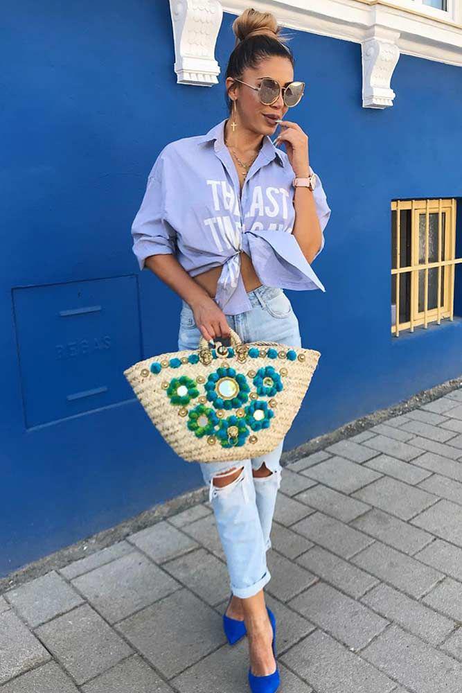 Bun hairstyle with Slim-fit pants, Ripped jeans on Stylevore