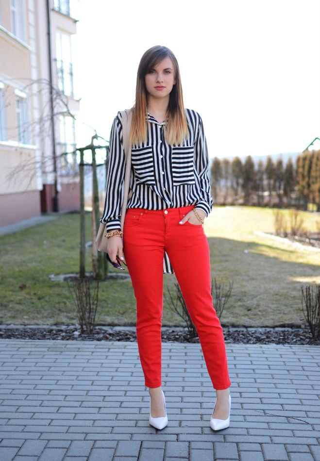 Black And White Stripped Shirt With Red Pant Outfits on Stylevore