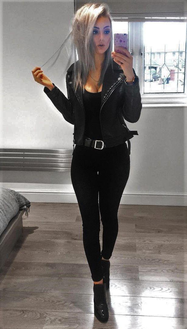 Black Tank Top and Black Jeans with Leather Jacket Outfit Ideas for Parties: Black Outfit,  Black Jeans,  Slim-Fit Pants,  Jeans For Girls,  Boxy Jacket  