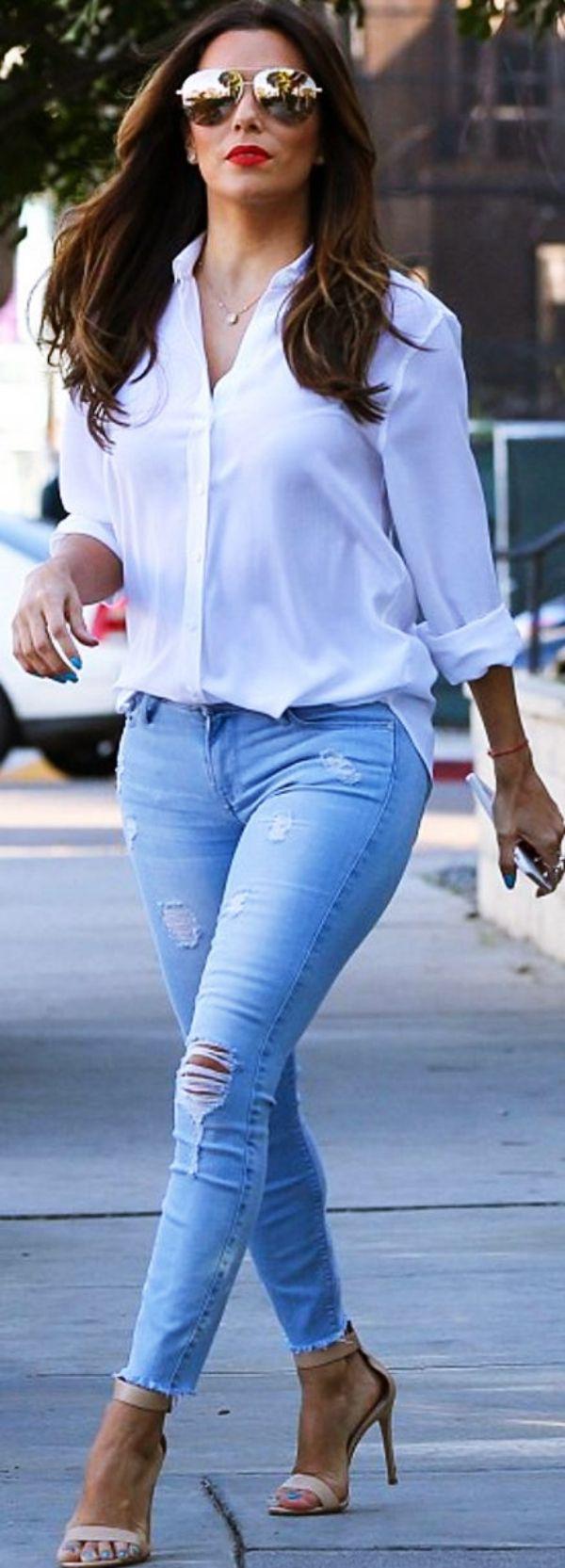 light blue jeans. light blue jeans. 40 Attractive Street Fashion Looks for 2018: Denim Outfits,  Blue Jeans,  Ripped Jeans,  Slim-Fit Pants,  Washed-Out Jeans  