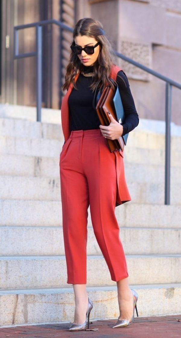 Simple Black Top With Red Pant: Dress code,  Business casual,  Informal wear,  red trousers  