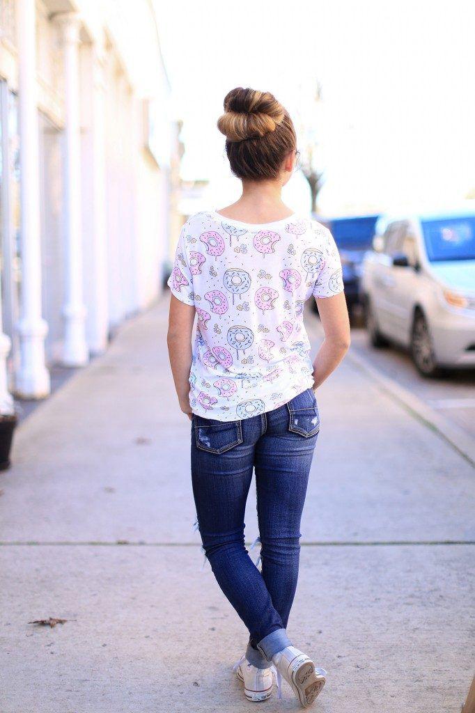 Cute Girls Hairstyles, Bun hairstyle with denim outfits. on Stylevore