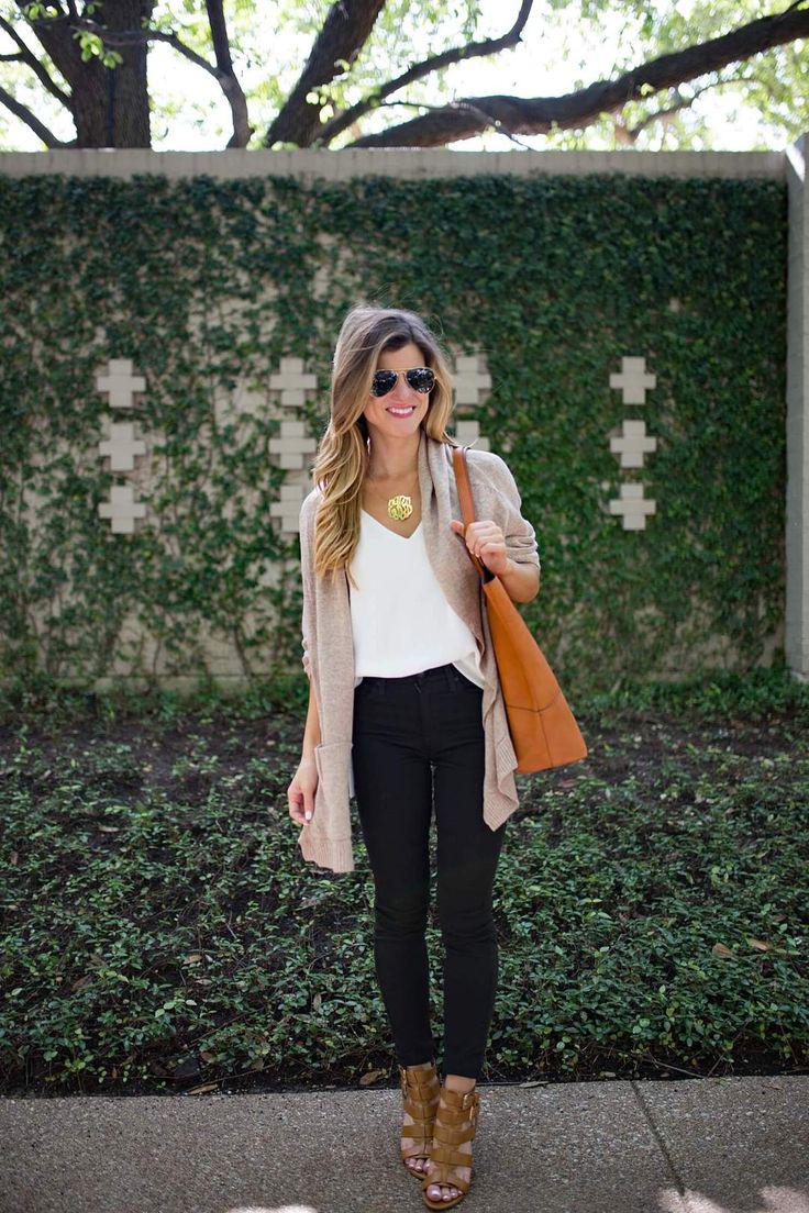 Beige Cardigans Outfits, Black Jeans with White Tank Top Outfits, Casual wear Outfit Ideas 2022: Black Jeans,  Jeans For Girls,  Freda Salvador  