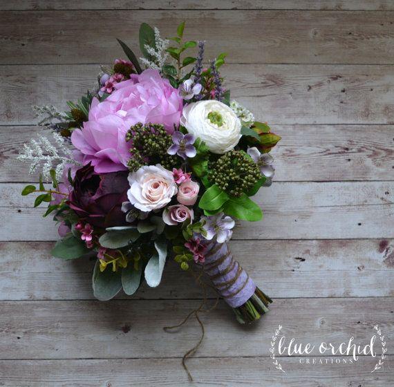 Boho Wedding Bouquet - Purple, Lavender, Peonies, Ranunculus, Statice, Berries, Bouquet with Accents, Wildflower Bouquet, Boho Wedding: 