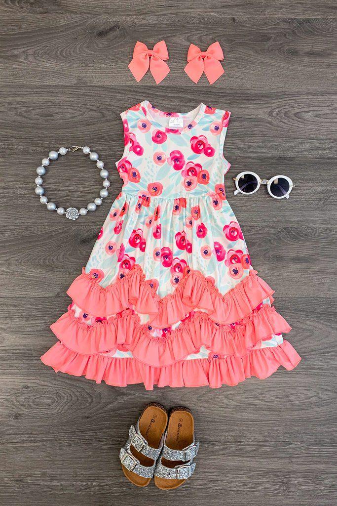 Cassidie Ruffle Dress - CORAL/MINT FLORAL: 