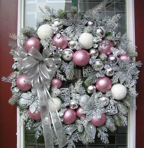 White and pink christmas wreath: Christmas Day,  Christmas tree,  Christmas ornament,  Christmas decoration,  Christmas Wreaths  