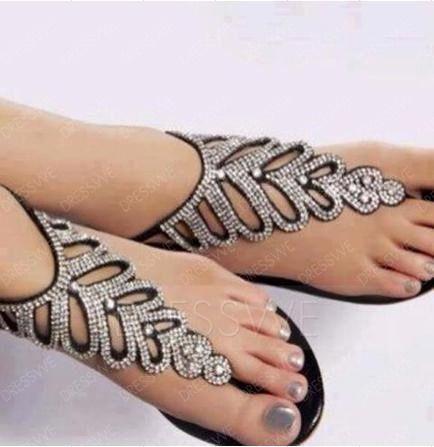Fashion Amazing Rhinestone Black PU Flat Sandals: 