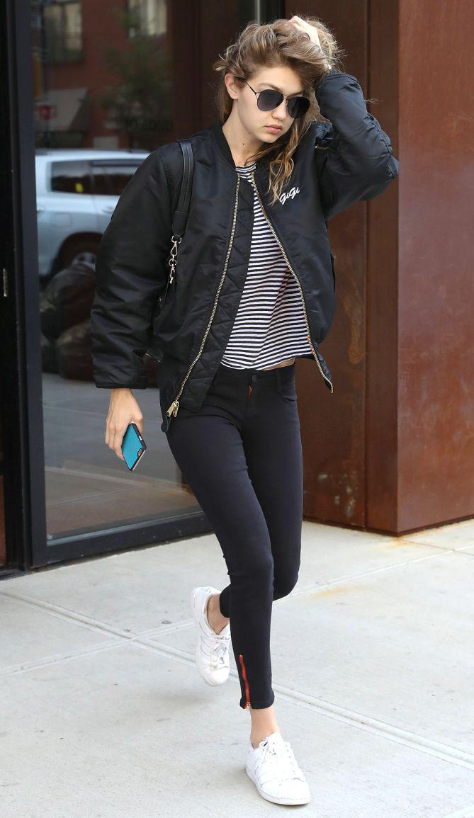 White sneakers - White. Gigi Hadid: Leather jacket,  Slim-Fit Pants,  Flight jacket,  Outfit Ideas  