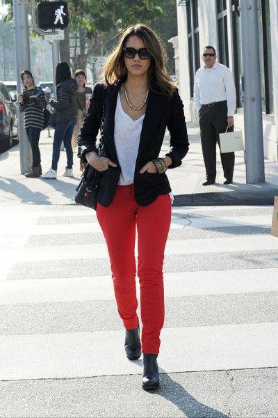 Wear Red Jeans. How to Wear Red Jeans: High-Heeled Shoe,  Slim-Fit Pants,  Combat boot,  Red Jeans,  red trousers  
