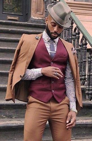 Men’s Grey Hat, Light Violet Print Dress Shirt, Burgundy Waistcoat, Tan ...