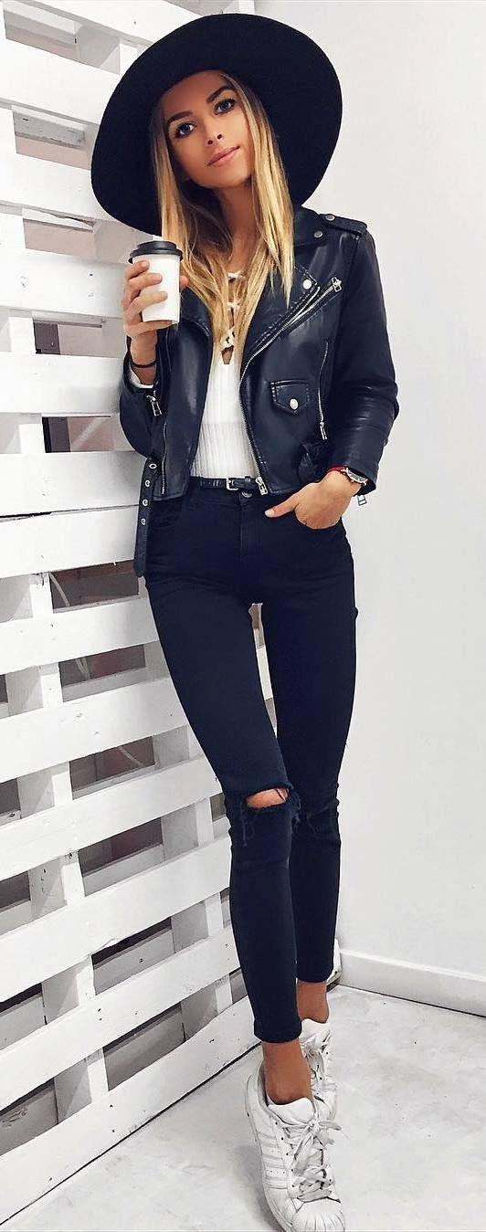 White Top and Black Ripped Jeans with Women Leather Jacket, Casual wear, Holiday Outfits: Black Jeans,  winter outfits,  Fashion outfits,  FASHION,  Women Fashion,  Jeans For Girls  