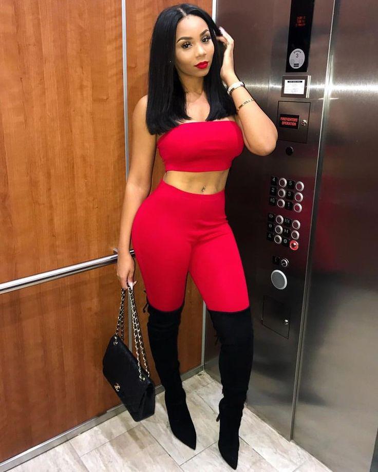 Black Girls In Red Tube Top With Red Leggins And Thigh High Boots: Chap boot  