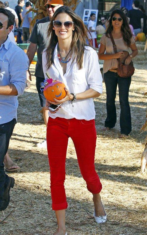 Red Engine Jeans. Steal Alessandra Ambrosio’s Look: White Shirt + Red Pants: Slim-Fit Pants,  shirts,  Red Jeans,  Red Pants,  White Shirt  