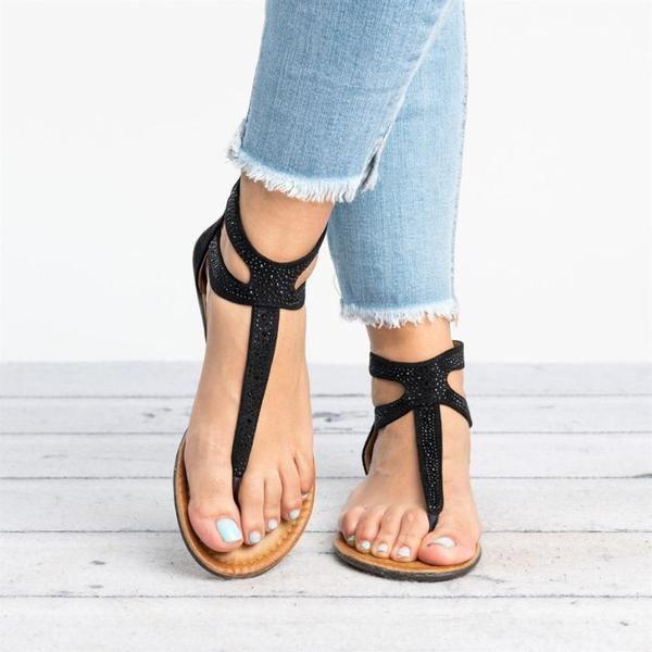 Women Diamond Gladiator Low Flat Flip Flops Sandals on Stylevore