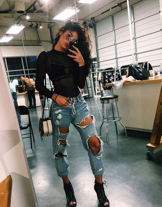 Baddie Black Ripped Jeans Outfit Tumblr