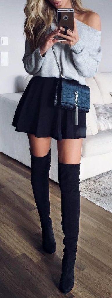 #winter #outfits grey cold-shoulder long-sleeved shirt, blue skirt, pair of blac...: 