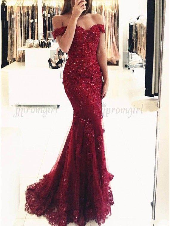 Mermaid Off-the-Shoulder Dark Red Prom Dress with Beading Appliques: Red Gown  