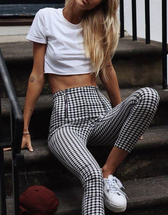 High Waist Plaid, Urban Outfit Slim-fit pants, Capri pants: Street Outfit Ideas,  Printed Pants  