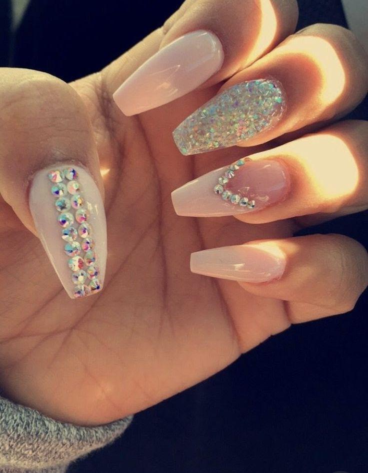 Coffin acrylic nails with gems: Nail Polish,  Gel nails,  Pretty Nails  