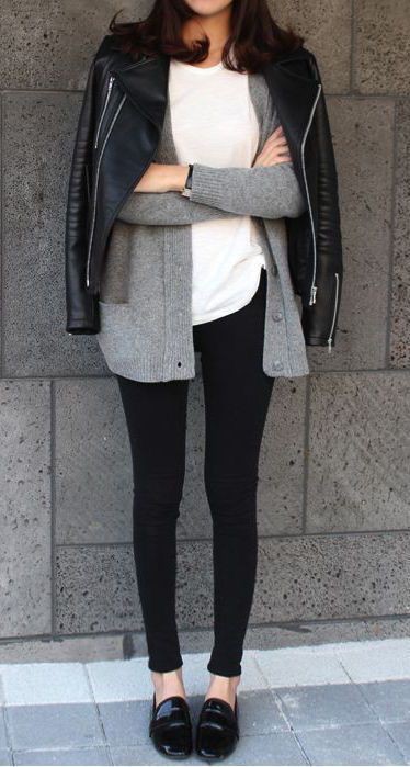 Patent leather flats leggings outfit: Leather jacket,  Slim-Fit Pants,  Slip-On Shoe,  Ballet flat,  Black Leggings  