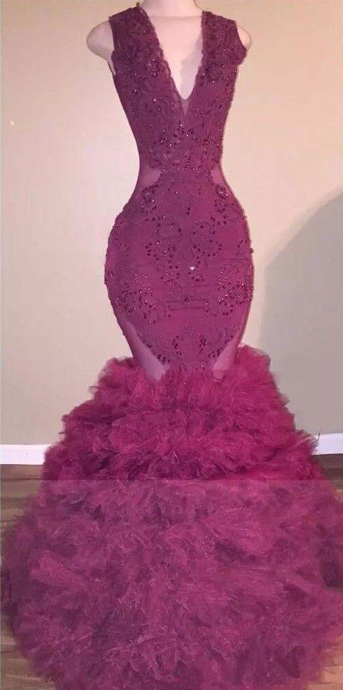 Backless Lace Mermaid Prom Dress with Ruffles Skirt Evening Gowns: burgundy gown  