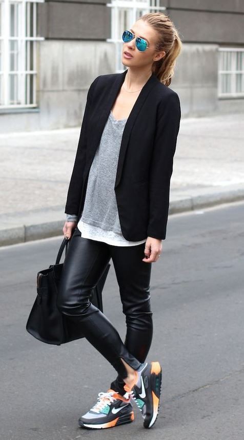 Blazer and sneakers with Black Legging: Black Leggings,  Blazer,  Black Blazer  