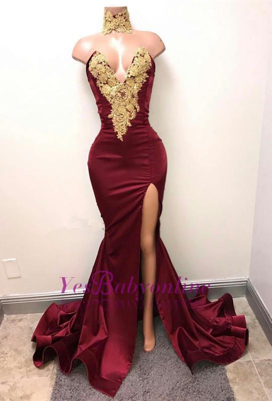Gorgeous Burgundy Mermaid Prom Dresses Gold Lace Appliques Side Slit Evening Gow...: 
