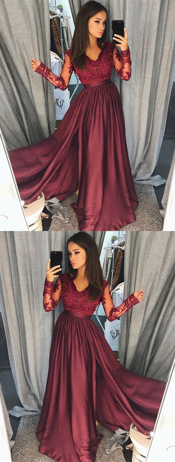 modest maroon long sleeves prom dresses, elegant v neck evening gowns with sleev...: burgundy gown,  Red Gown,  Maroon Outfit  