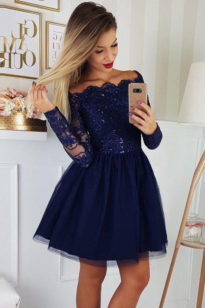 Navy Blue V Neck Lace Short Prom Dresses, Navy Blue Lace Homecoming Dr –  Shiny Party