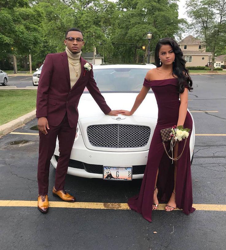 Look at them, all dressed up in burgundy! She's got that glam vibe, while he's looking sharp!: party outfits,  Backless dress,  Black Couple Homecoming Dresses  