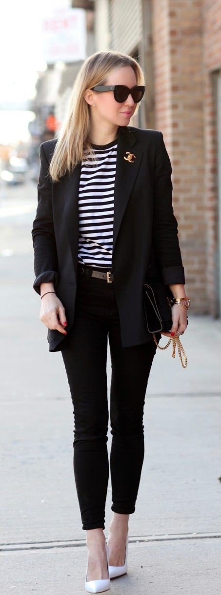 Black Causal Blazer , Stripes and Skinnies Denim Parsian look on Stylevore