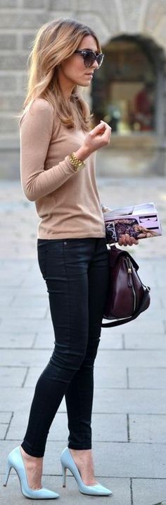 Light blue pumps outfit: Skinny Jeans,  High-Heeled Shoe  