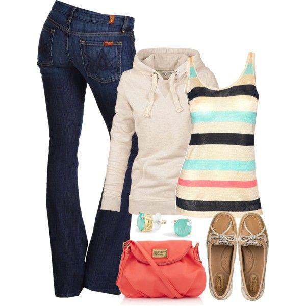 Dark blue bootcut jeans paired with a multicolor striped tank top: Fashion outfits,  Polyvore Outfits Summer  
