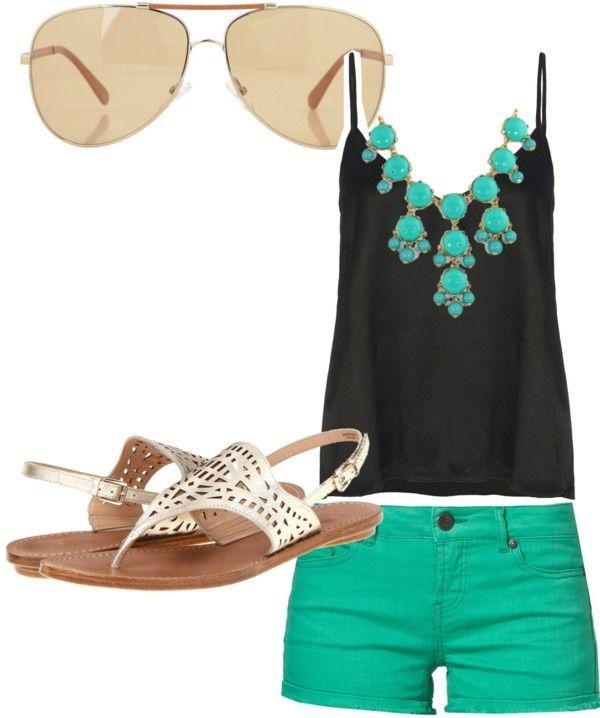 Black spaghetti strap top and turquoise beaded necklace: summer outfits,  Polyvore Outfits Summer  