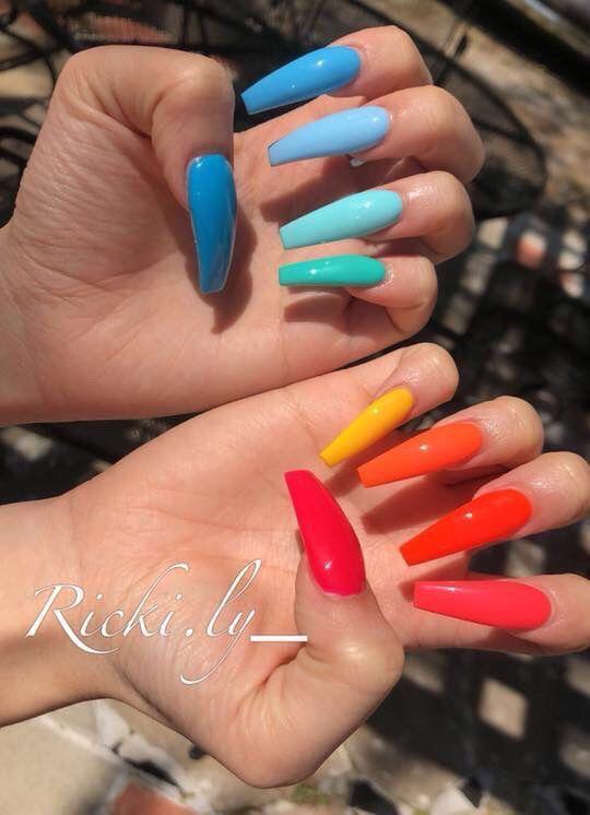 Coffin different color nails: Nail Polish,  Gel nails,  Blue nails,  Pretty Nails  
