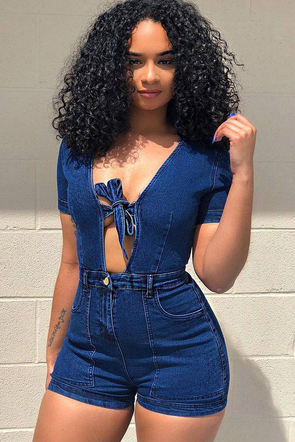 Black Girl Hairstyles With Weave, Sexy Denim Romper, Black Girl Romper suit, Sleeveless shirt: Cute Girls Hairstyle,  Denim Top  