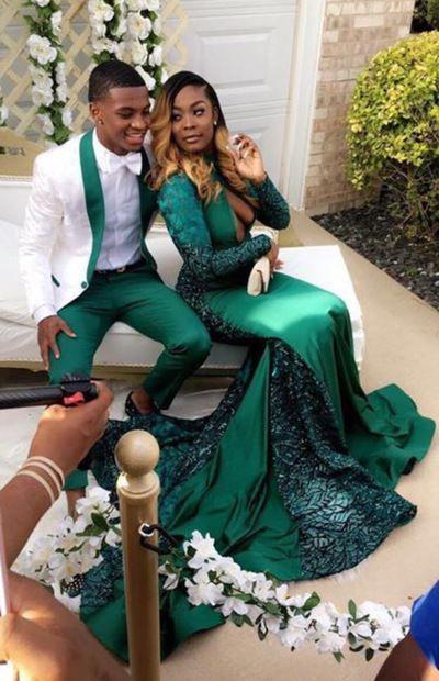 Walk in and own the night, her in a luxurious green, him in a dashing suit!: Backless dress,  Prom couples,  Black Couple Homecoming Dresses,  Prom outfits  