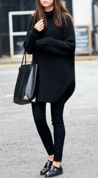 Black sweater and leggings outfit women: winter outfits,  Slim-Fit Pants,  Business casual,  Black Leggings,  Oxford shoe,  Brogue shoe,  Turtleneck Sweater Outfits  